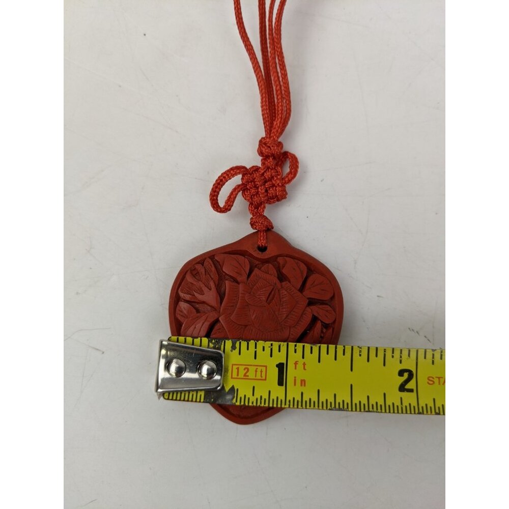 Vintage Cinnabar Carved Floral Heart Pendant Necklace - Picture 7 of 8